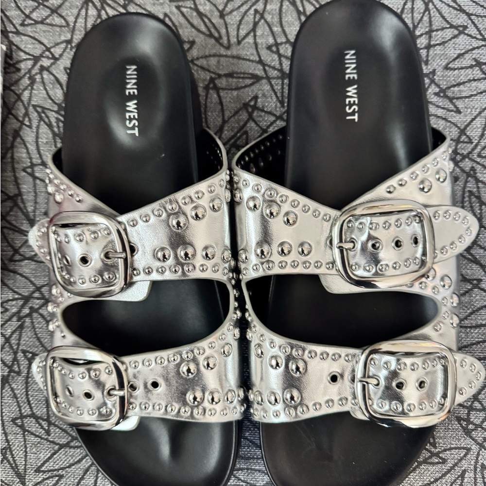 Nine West Metallic Silver Studded Double-Buckle Slides